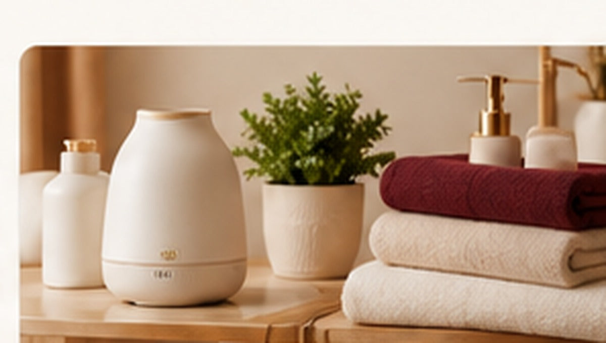 Cream home essentials, folded towels and botanical accents