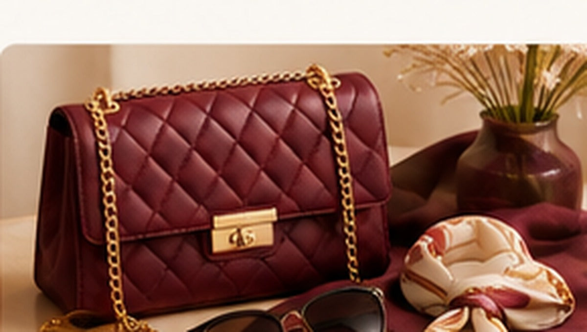 Burgundy handbag, sunglasses and silk scarf in warm cream and gold tones