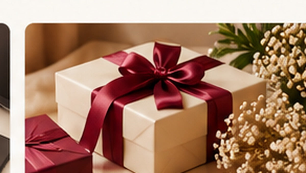 Cream gift box with burgundy ribbon and floral accents
