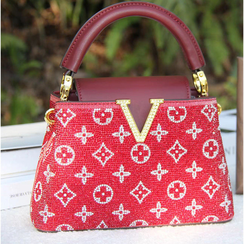 Stone-Embellished Printed Top-Handle Handbag