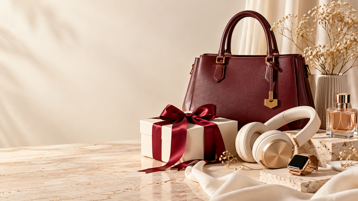 Burgundy handbag, cream gift box, ivory headphones, smartwatch and perfume on a warm cream background